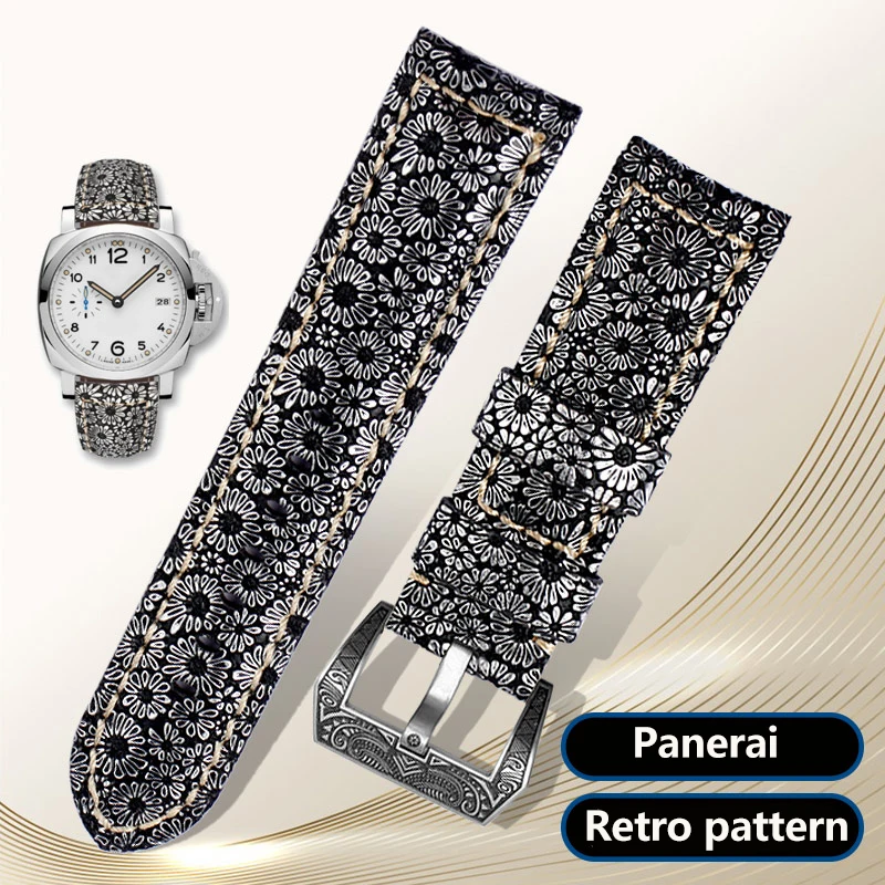 

22mm 24mm 26mm PAM111 PAM441 Leather Watch Band For Panerai Leather Retro Pattern Watch Strap Waterproof Men Accessories Black
