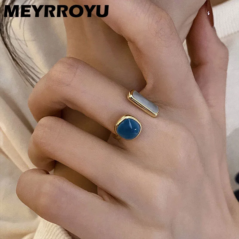 

MEYRROYU Silver Color Vintage Blue Stone Open Cuff Rings for Women Girl New Fashion Trendy Jewelry Gift Party 2022 кольца