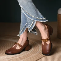 2022 springautumn woman shoe square toe thick heel shoes for women metal chain cow leather shoes retro mary janes female shoes