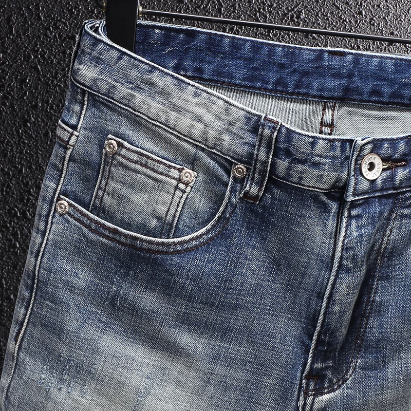 Fashion Designer Men Jeans Retro Light Blue Embroidery Patched Stretch Ripped Jeans Men Slim Fit Elastic Vintage Denim Pants