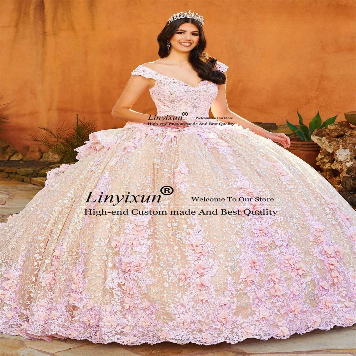 

Luxury 3D Flowers Quinceanera Dresses With Lace Ball Gown vestidos de 15 quinceañe Off Shoulder Sweep Train Bow Sweet 16 Gown