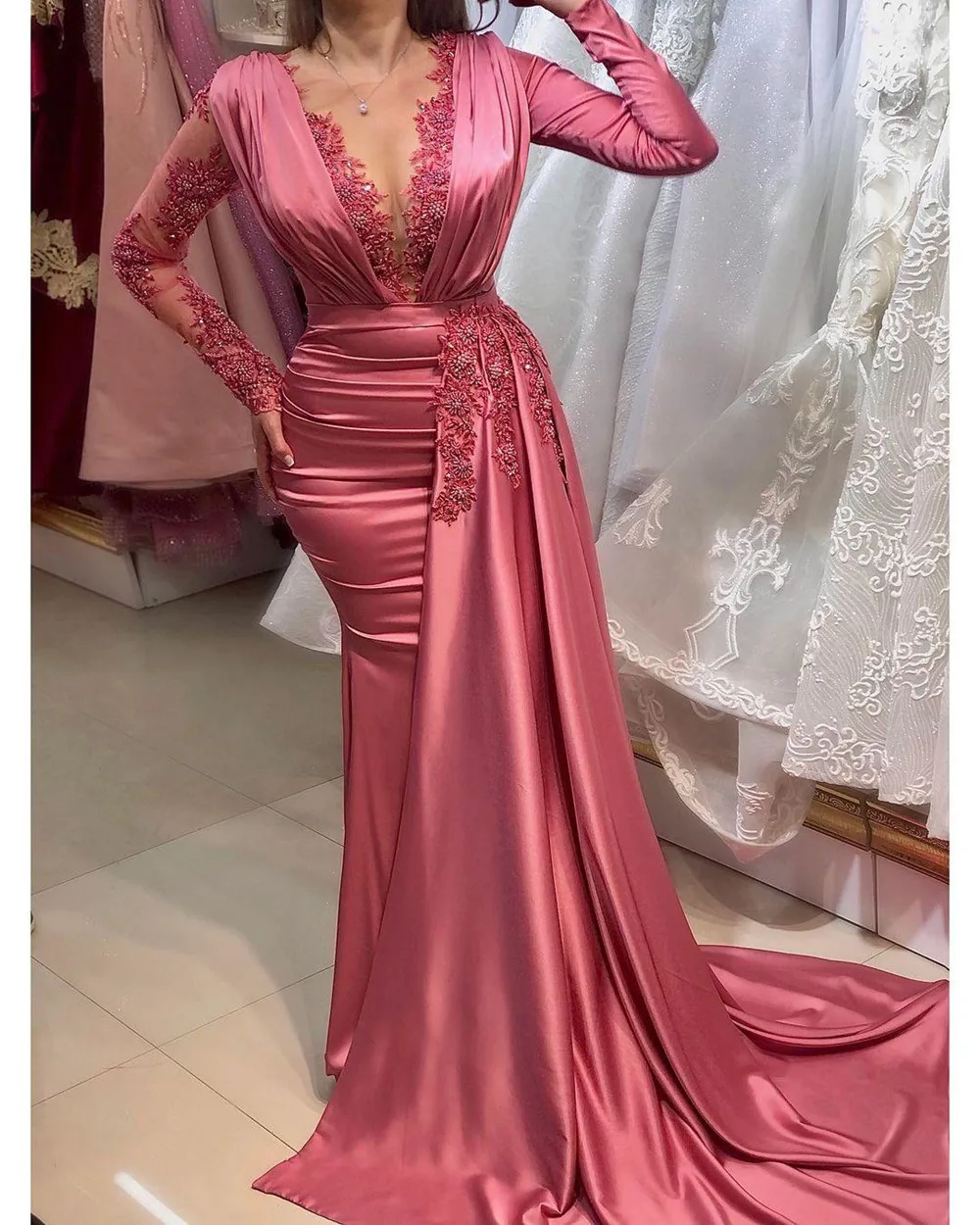 

Long Sleeve Evening Dress 2022 Plus Size Arabic Lace Beaded Mermaid Prom Dresses Sheer Neck Formal Party Second Reception Gowns