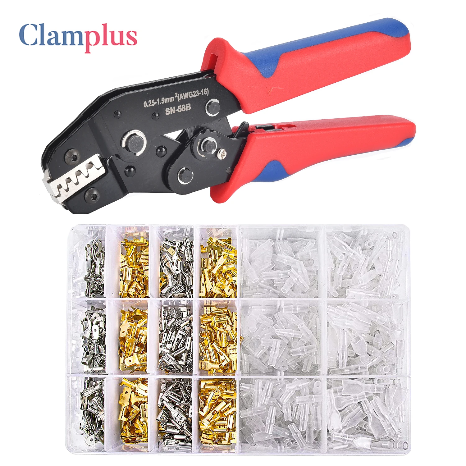 SN-58B Wire Terminal Crimping Tool Kit AWG24-16 Self-Adjusting Ratcheting Wire Crimper 720PCS Male and Female Spade Connectors