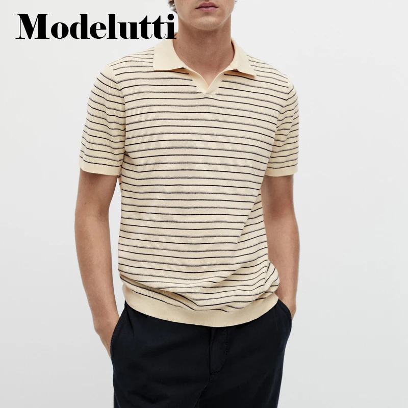 Modelutti 2022 New Spring Summer Fashion Short Sleeve Knit Sweater Polo Neck Classic Striped T-shirt Men Simple Casual Tops Male