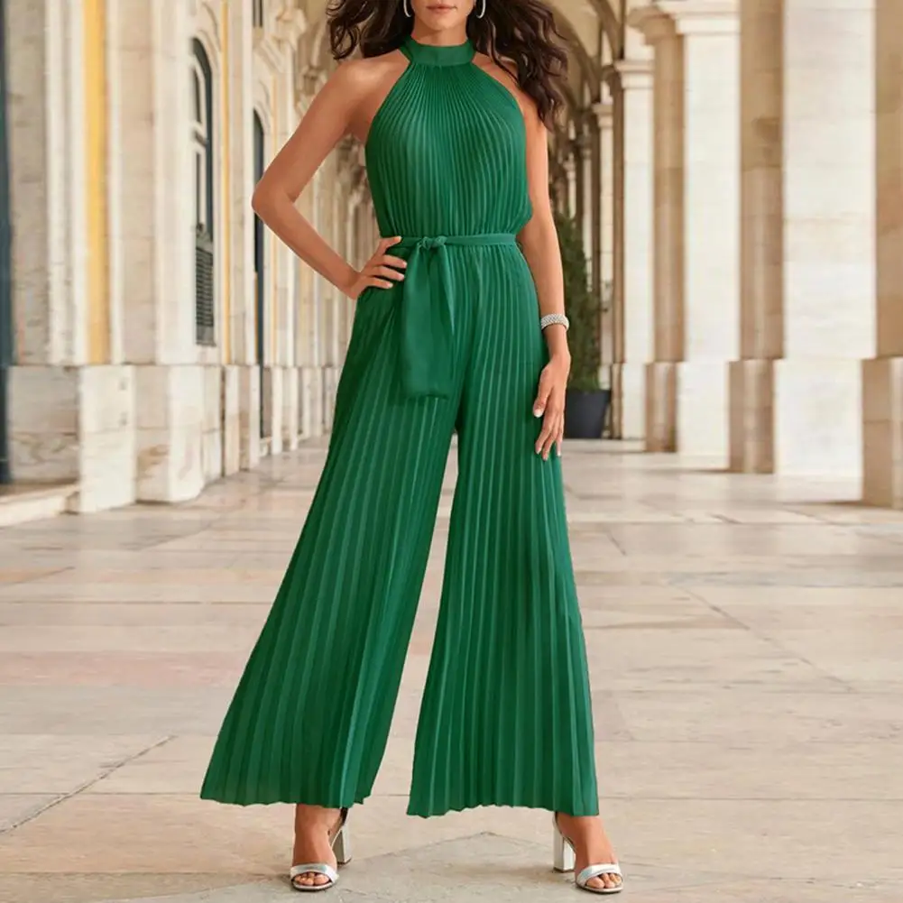 

Women Jumpsuit Halter Pleated Summer Lace-up Wide Leg Jumpsuit Streetwear