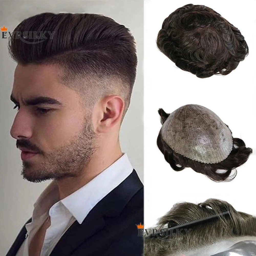 Jet siyah Natrual dalga tam Pu erkek peruk 100% insan saçı süper dayanıklı ince cilt tabanı erkek peruk protez değiştirme sistemi