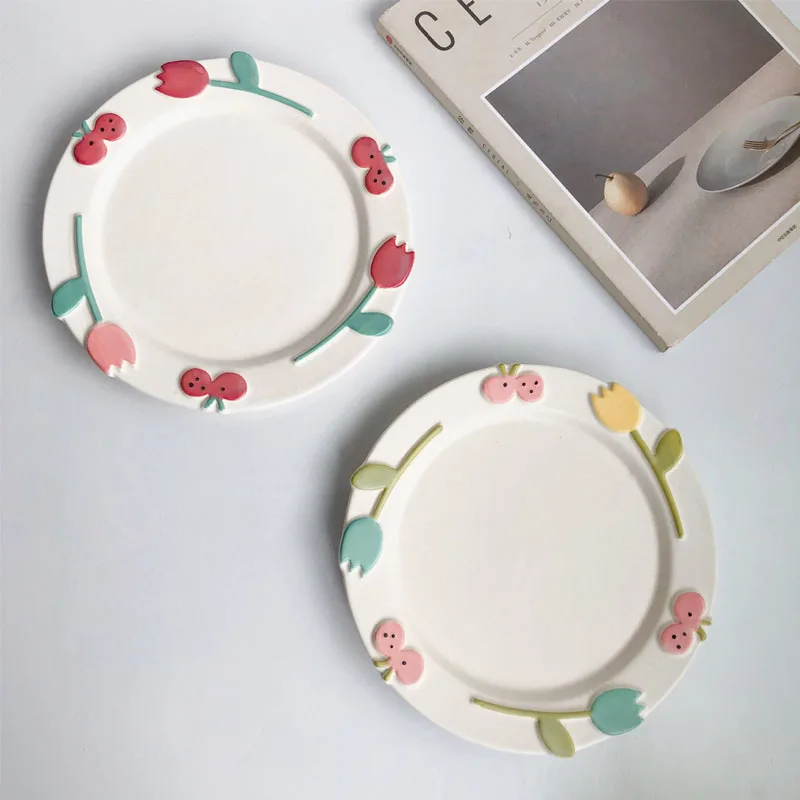 

Nordic Ins Hand-painted Underglaze Color Ceramic Plate Embossed Flower Plate Home Breakfast Dessert Plate Cake Plate Fruit Plate