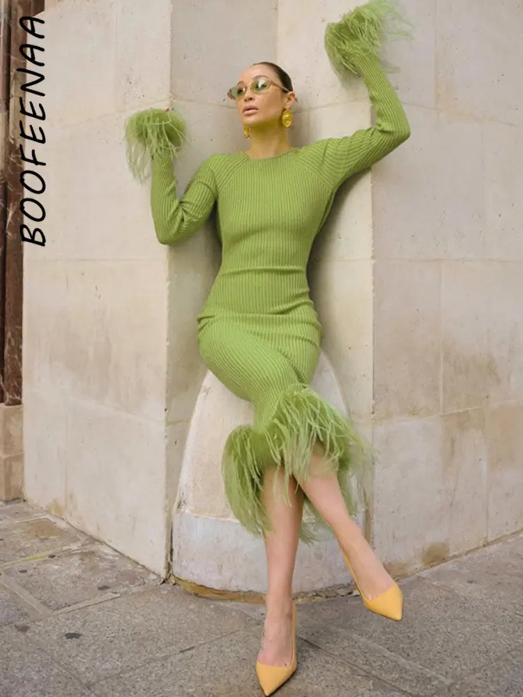 

BOOFEENAA Green Knitted Long Sweater Dresses for Women Winter Fashion Sexy Backless Bodycon Dress with Feathers C85-ED43