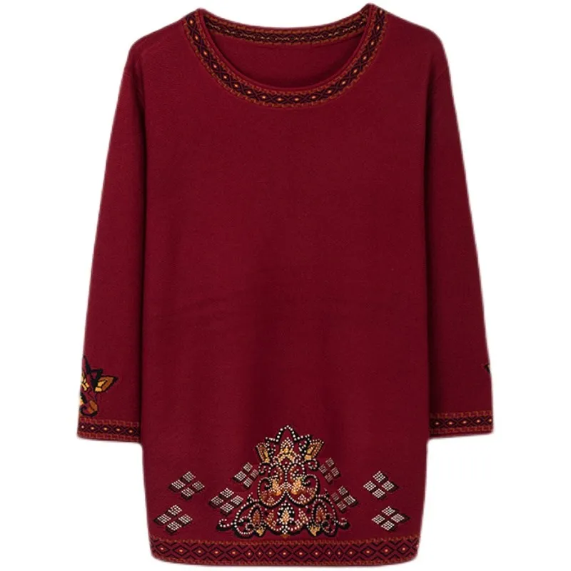 Mom Ice Silk Knit с рукавами 3/4 свободный топ закрывающий живот ранняя осень одежда для