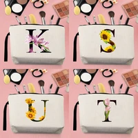 2022 fashion woman makeup organizer bag canvas flower initial name pattern printed with cord zipper beige coin purse pencil case