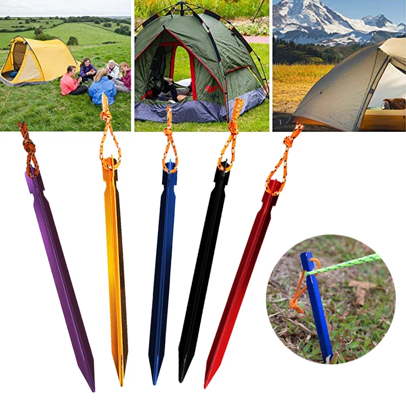 10pcs Tent Pegs Aluminum Canopy Tri-beam Tent Pegs Garden Stakes Ground Nail Heavy Duty with Reflective Cord Hammock Camping