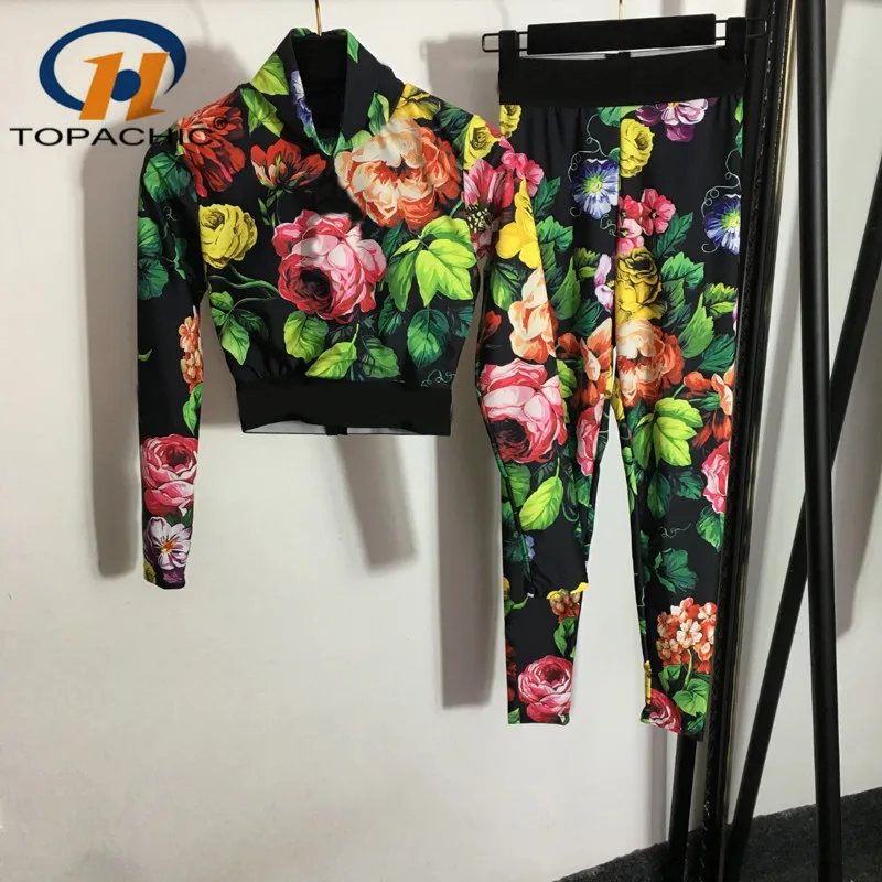 

5.11 High Quality Yoga Sports Letter Rose Flower Print Set Stand Collar Long Sleeve T-Shirt + Elastic Waist Leggings Women
