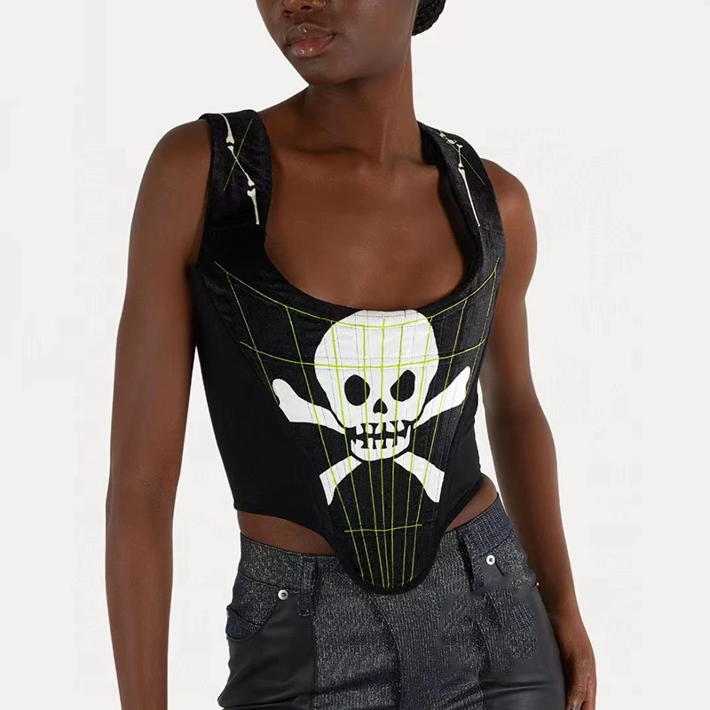 

Printed patchwork mesh fishbone corset 2023 summer new retro graffiti velvet knitted ladies tops fashion versatile undershirt