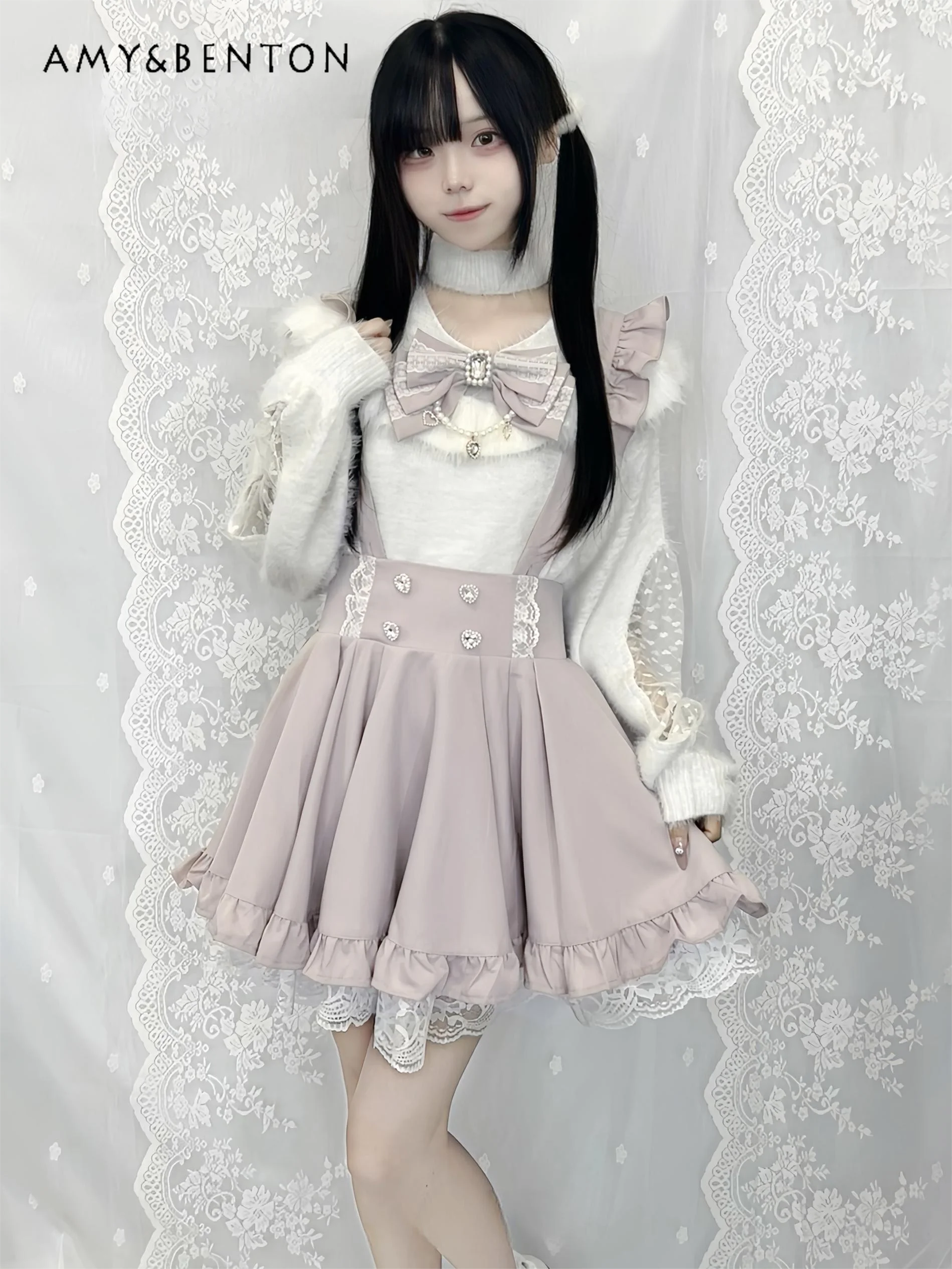 Японская серия Mine массовое производство свитер с кружевным бантом и лямкой на