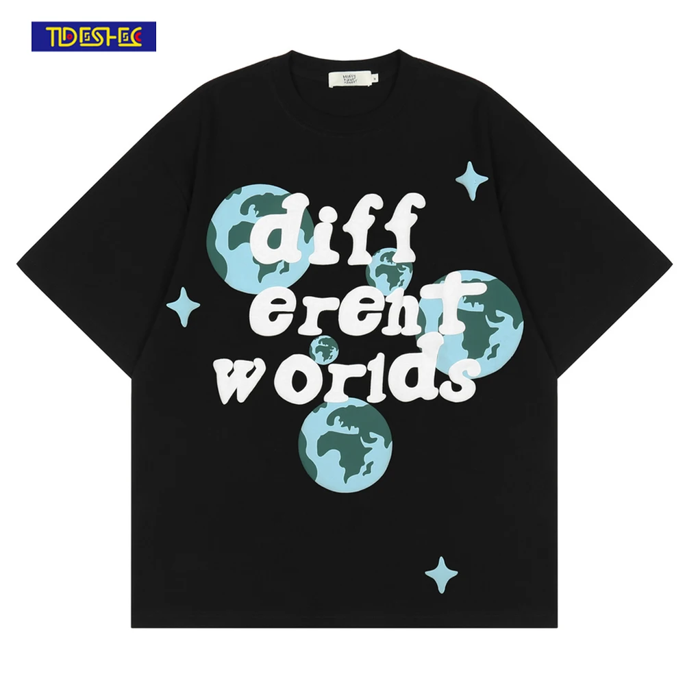 

Футболка мужская с буквенным принтом планеты, уличная одежда в стиле хип-хоп, хлопковая рубашка с коротким рукавом в стиле Харадзюку, повсед...