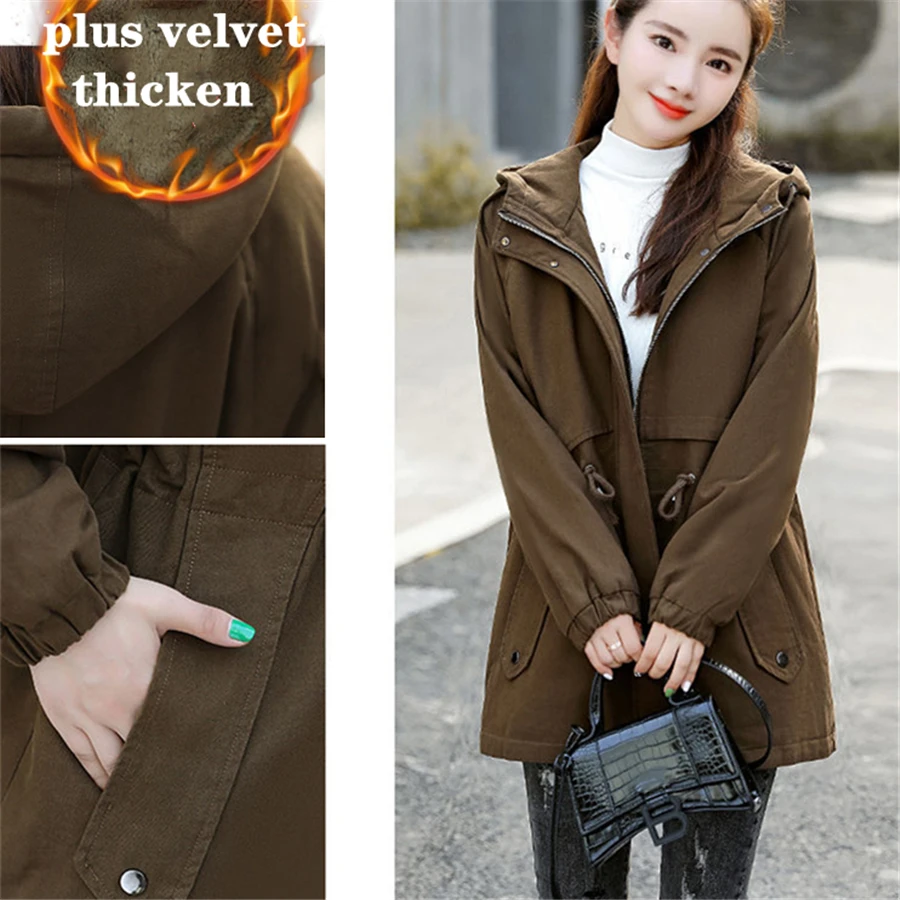Winter Hooded Fleece Lined Thicken Parka Mid-length Cotton Padded Plus Velvet Women Warm Coat Trenchcoat Slim Windbreaker Jacket