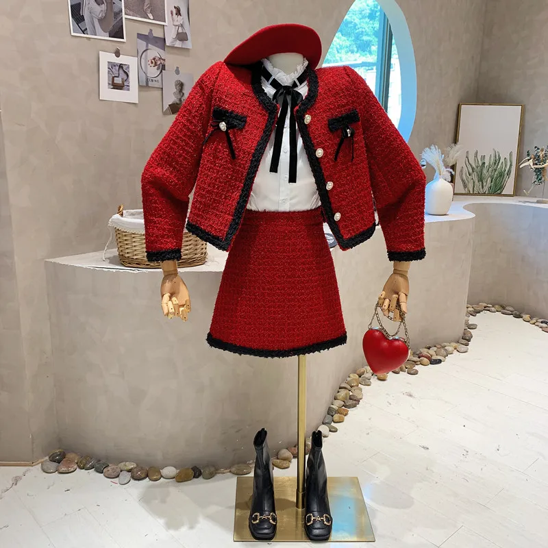 

New in Women's Clothing 2022 Winter Color contrast Red short top Long sleeved cardigan coat skirt Two piece set Holiday Dress