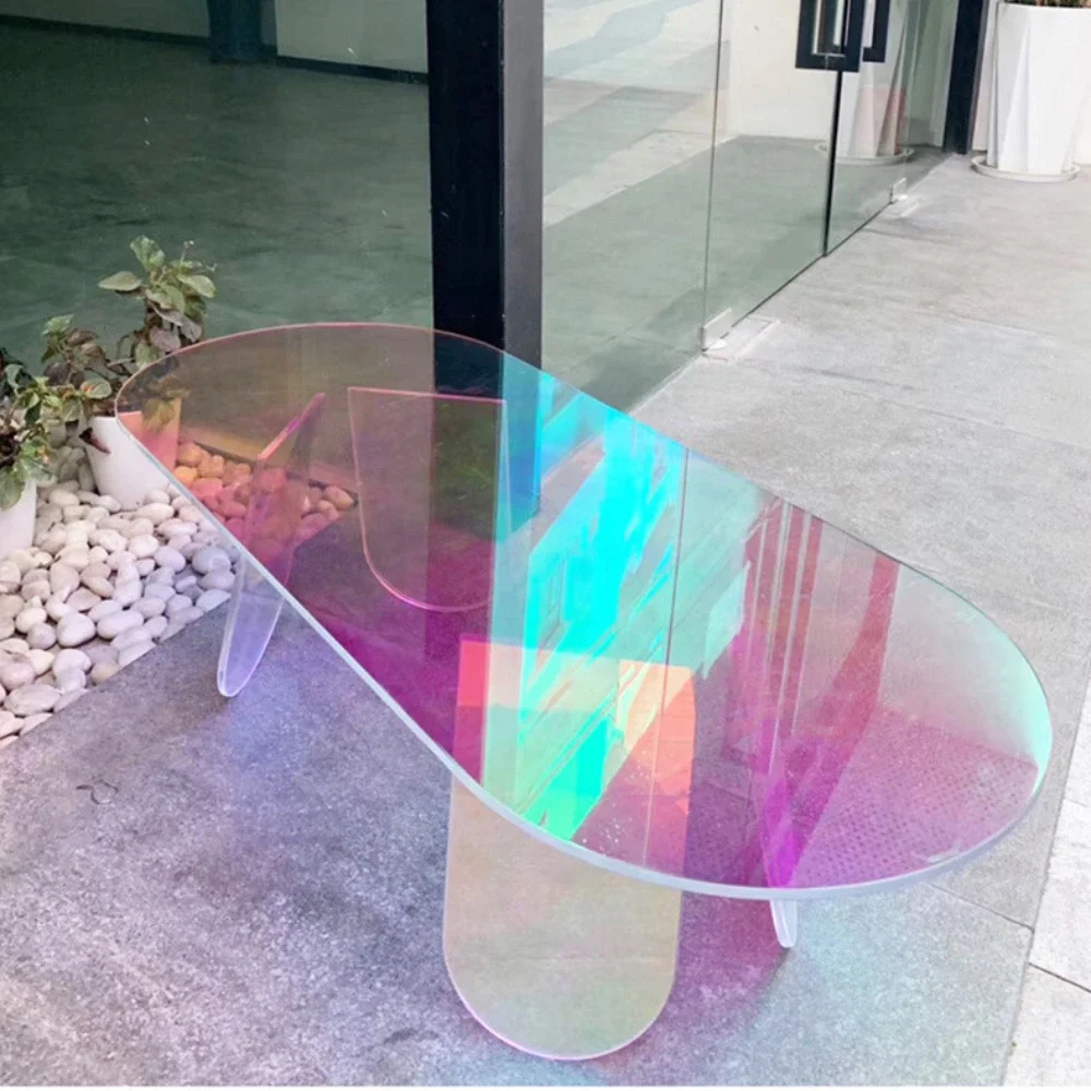 

120cm Coffee Tables Acrylic Side Table Gradien Round Colorful Makeup Rainbow Clear Acrylic Iridescent Art Home Decor Furniture