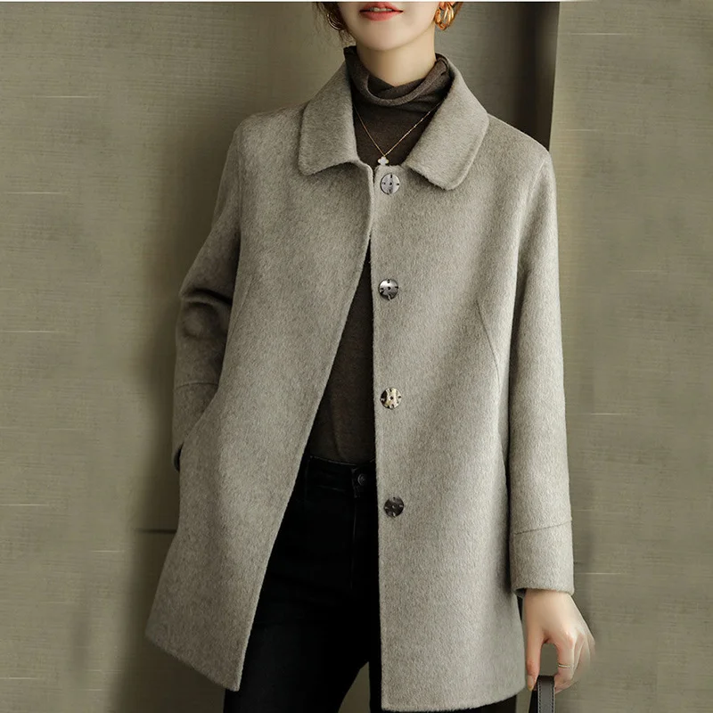 

Woolen Coat Women Fashion Fall Winter Loose Slim Blend Overcoat Korean Solid Office Lady Button Wide Waisted Outerwear