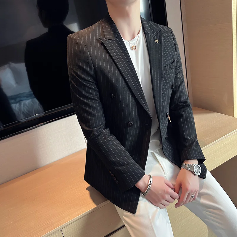 

Black/Gray Mens Business Formal Suit Jacket Double Breasted Striped Blazer Mens British Style Slim Fit Casual Wedding Suit Coats