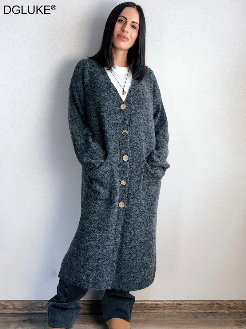 Женский длинный кардиган с V-образным вырезом и длинными рукавами