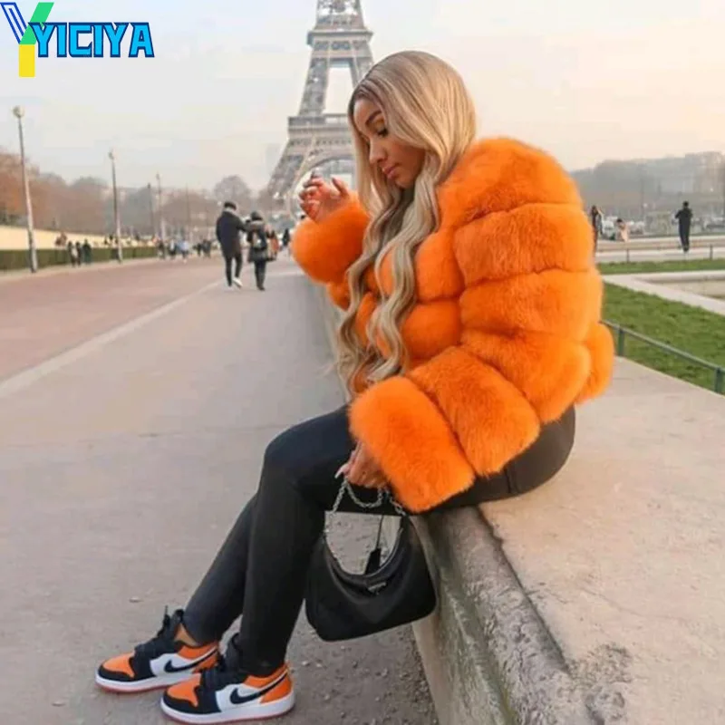 yiciya S-5XL Mink Coats winter Fluffy Black Faux Fur Coat Women Elegant Thick Warm Faux Fur Jackets For Women jacket crop Tops