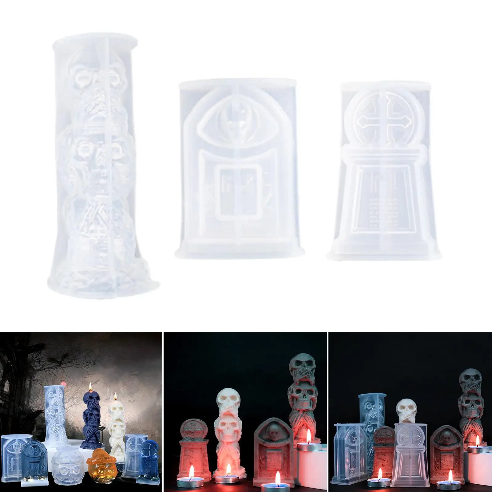 

3 Pieces Skull Candle Molds Ornament Resin Casting Resin Horror Supplies Decoration Tool for Halloween Aromatherapy Gypsum Wax