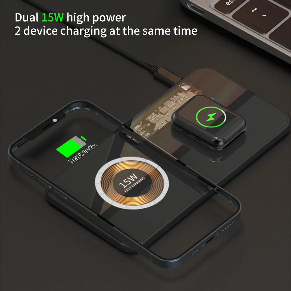 

2 in 1 Transparent Wireless Charger Pad 15w For Apple Watch For iPhone 13 12 Pro Max 14 14Pro Max Macsafe Fast Charging Station