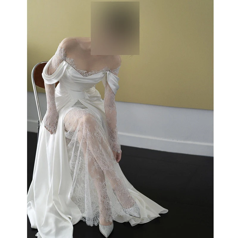 

Женское свадебное платье GUXQD, белое кружевное ТРАПЕЦИЕВИДНОЕ ПЛАТЬЕ С Длинными Рукавами