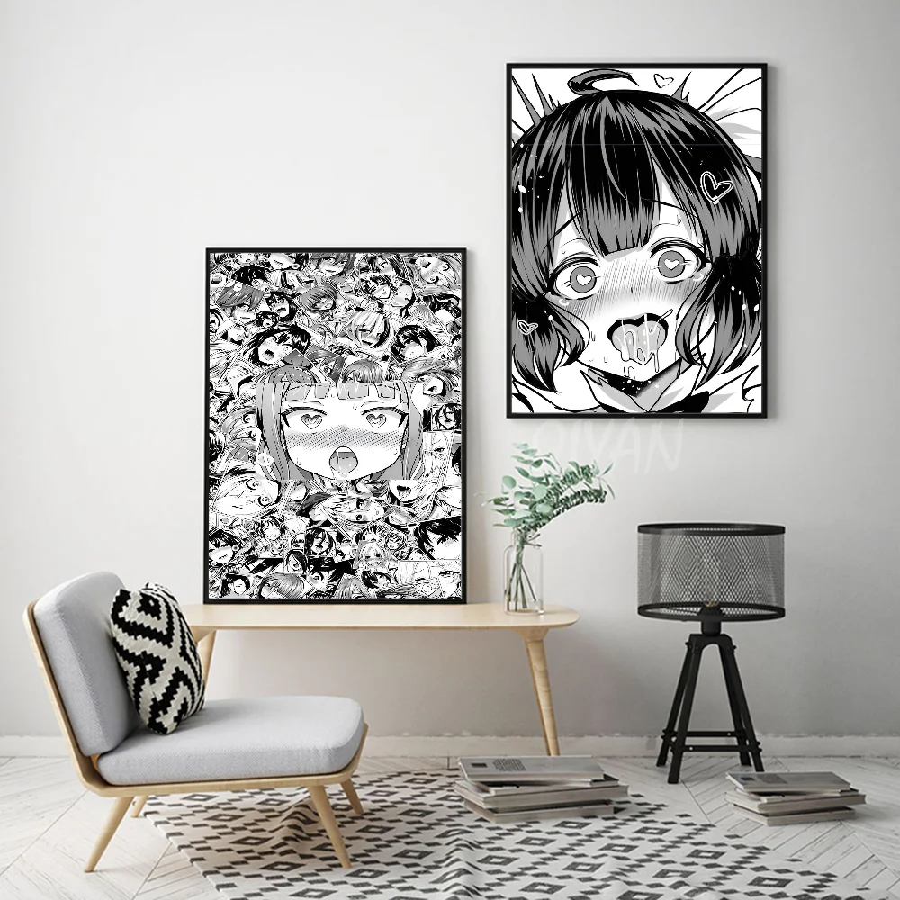 A-Ahegao Manga Girl Poster Stickers Art Wall Murals Decor Game Room Gifts HD Painting