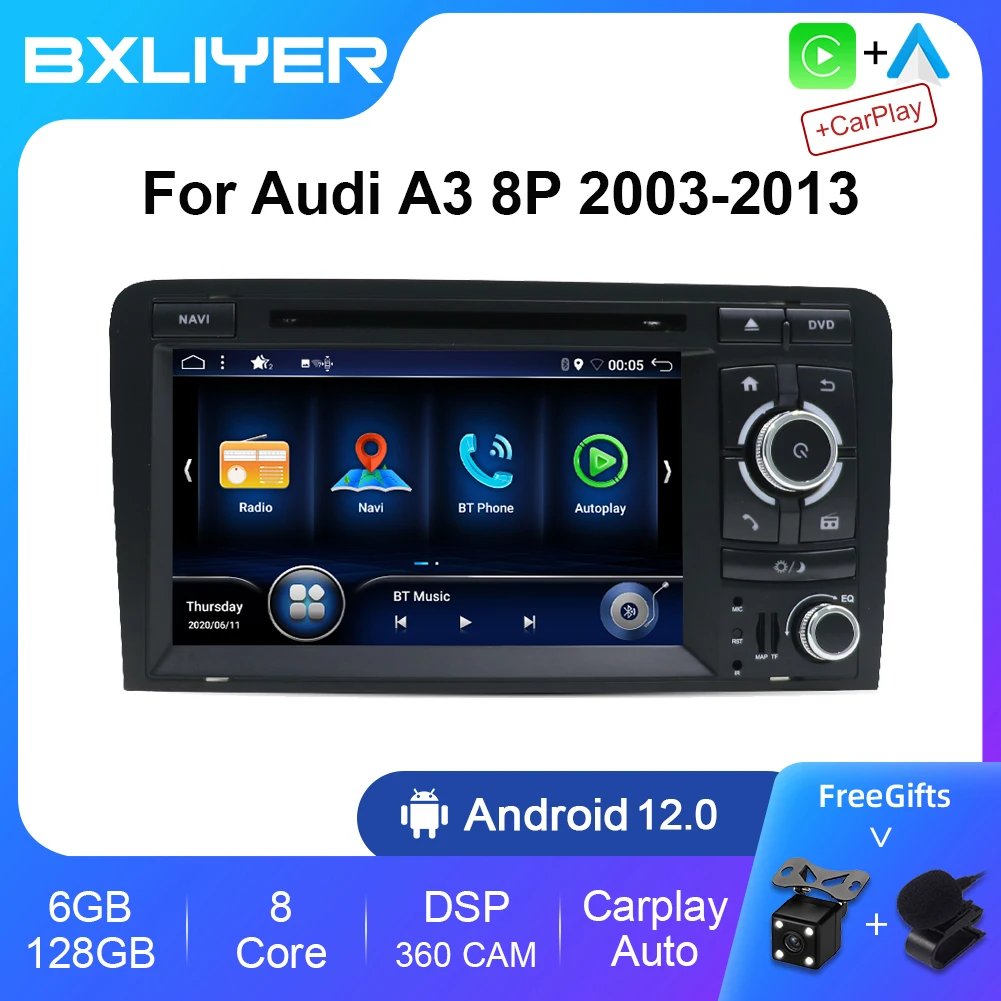 

6+128G Carplay Android 12 2 Din Car Radio Multimedia Video Player For AUDI A3 8P 2003-2012 S3 RS3 Sportback GPS Navigation DSP