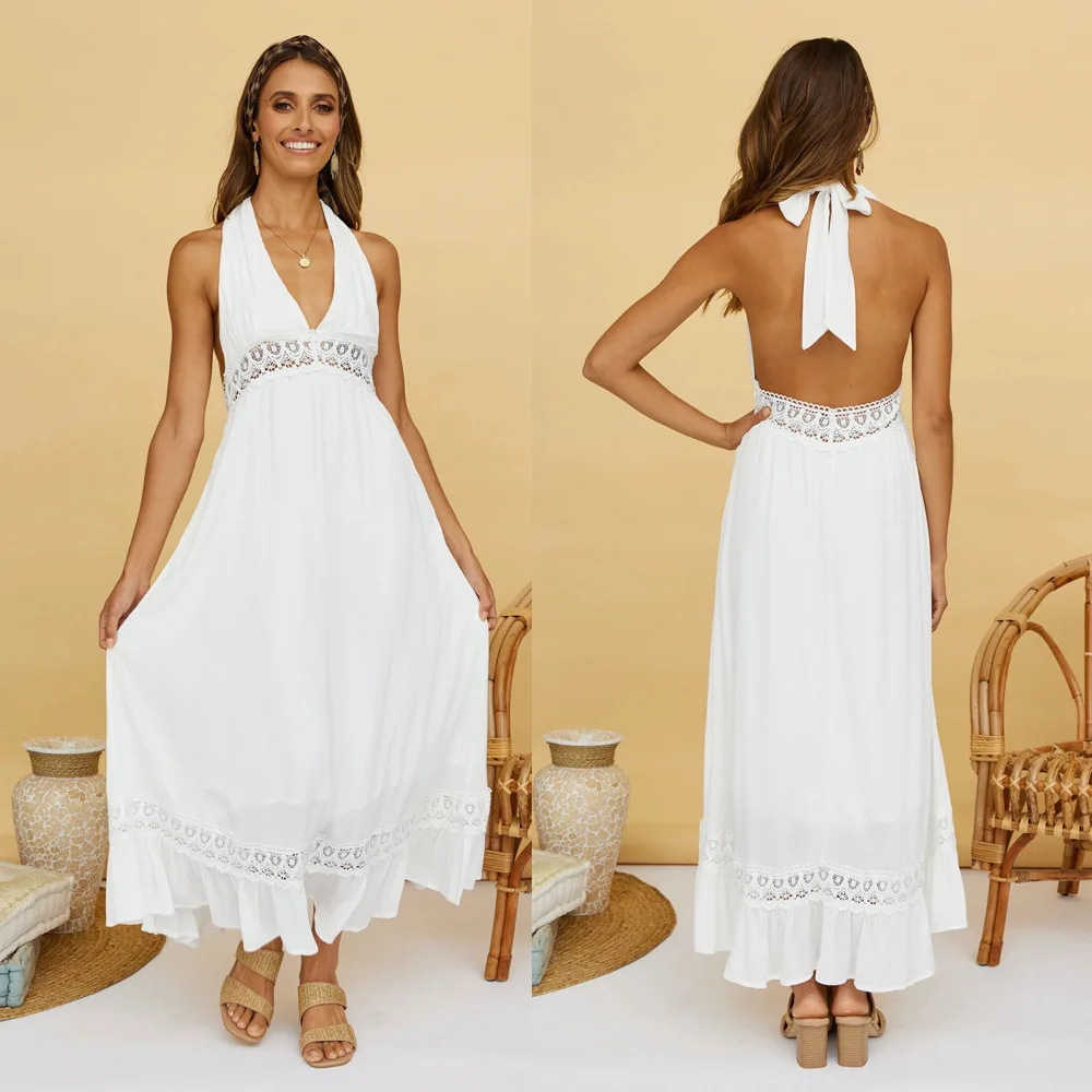 

Summer New Womens Deep V-Neck Long Dress Sleeveless Tie-Up Lace Stitching Club Party Dress Solid Color Backless Beachwear S M L