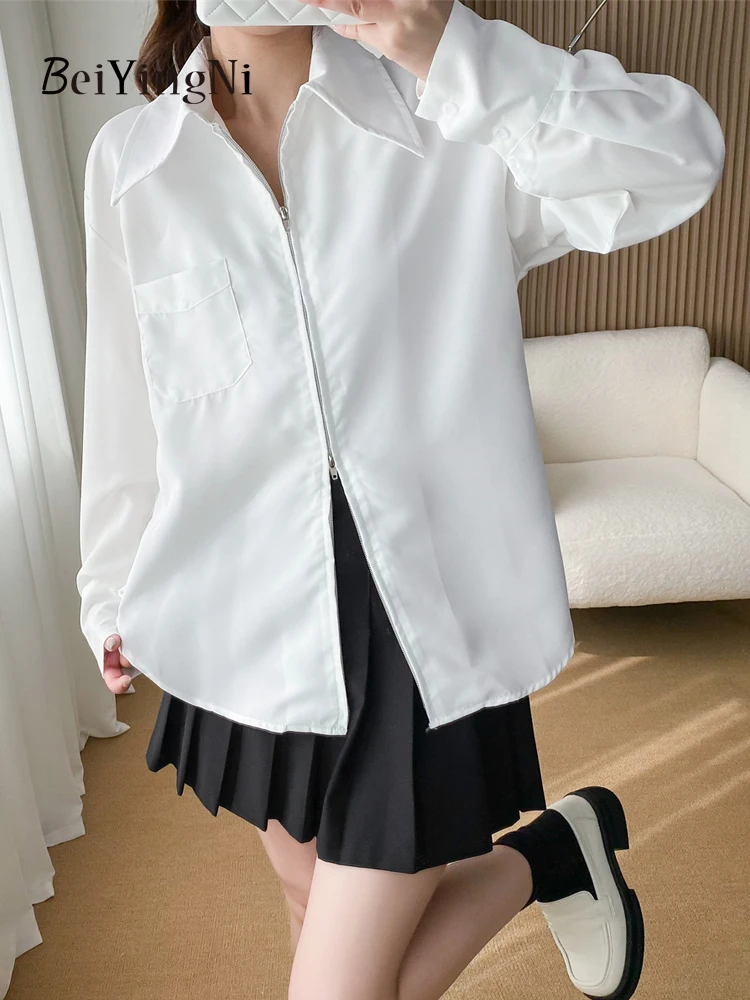 

Beiyingni Women Shirts Zipper Loose Oversized Long Sleeve Blouses Chic White Tops Female Pocket Casual Harajuku Blue Slim Blusas