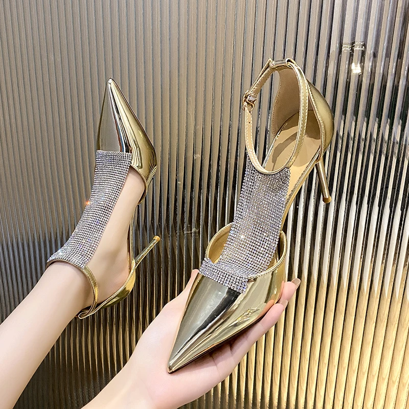 Spring and summer new sexy pointed patent leather rhinestone sandals stiletto banquet dress all-match Baotou fashion women shoes