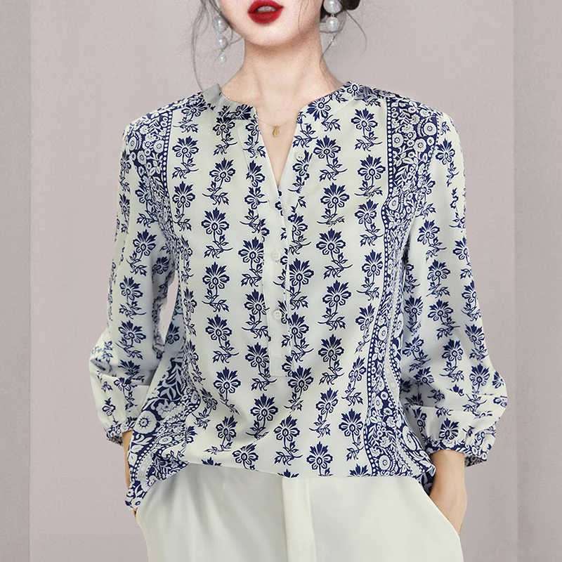 

Chiffon Women's Blouses Summer 2022 Floral Long Sleeves Fashion Loose Shirts Printing Korean Top O-Neck New Casual Clothing