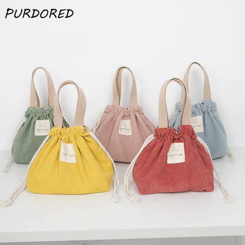 

PURDORED 1 Pc Cany Color Lunch Bag for Women Large Corduroy Lunch Box Drawstring Picnic Tote Pouch Food Container Storage Bags