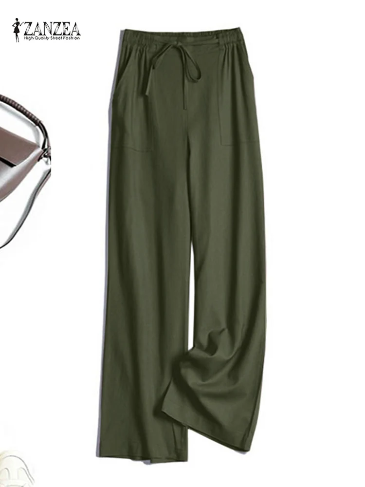 

ZANZEA Elastic Lace-Up Pure Cotton Hose Trousers Women Summer Solid Color Pant Fashion Casual Elegant Work OL Oversized Pants