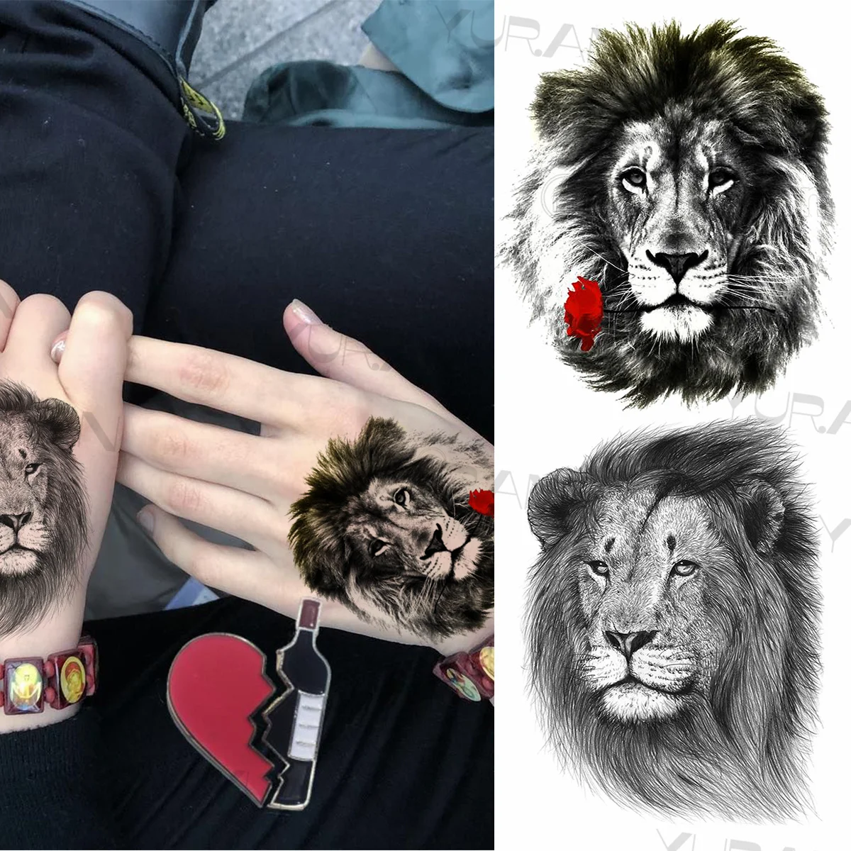 Black Lion Temporary Tattoos For Women Men Realistic Tiger Geometric Rose Flower Fake Tattoo Sticker Arm Body Tatoos Armband images - 6