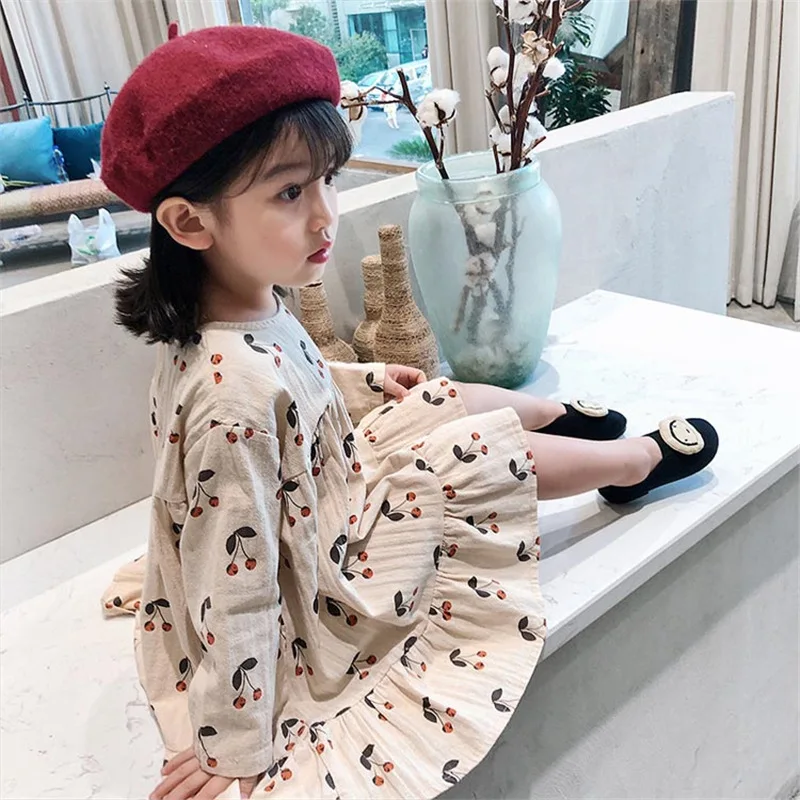 

Korea New Girls Long Sleeves Dress Cherry Printing Dress Princess Dresses Spring Dress Autumn Kids Clothes Birthday Gifts