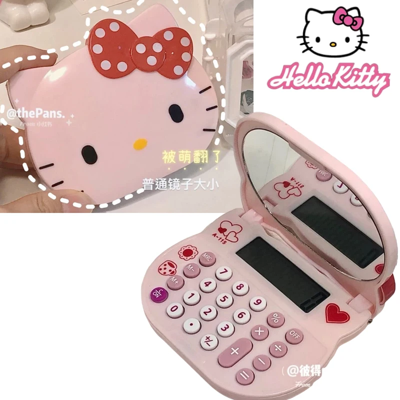 

Kawaii Hello Kitty Calculator With Makeup Mirror Cute KT Cat Portable Calculator Flip Mirror Mini Computer Girls Mirror Gift