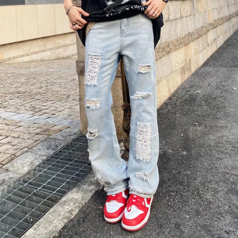Summer Blue Ripped Baggy Jeans Men Fashion Casual Straight Jeans Mens Japanese Streetwear Loose Hip Hop Hole Denim Pants Men
