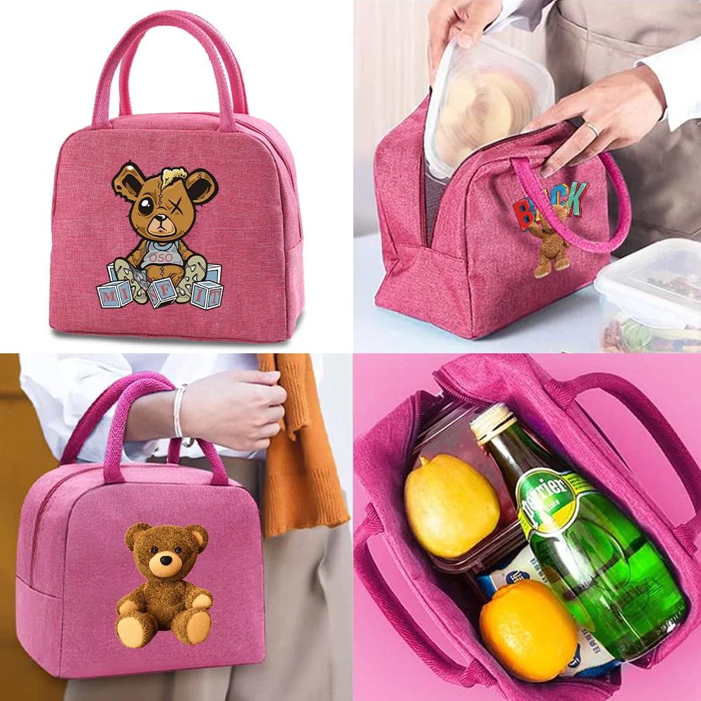 

Lunch Bag Children Thermal Cooler Lunch Bags Women Portable Zipper Organizer Bear Print Food Insulated Waterproof Canvas Packet