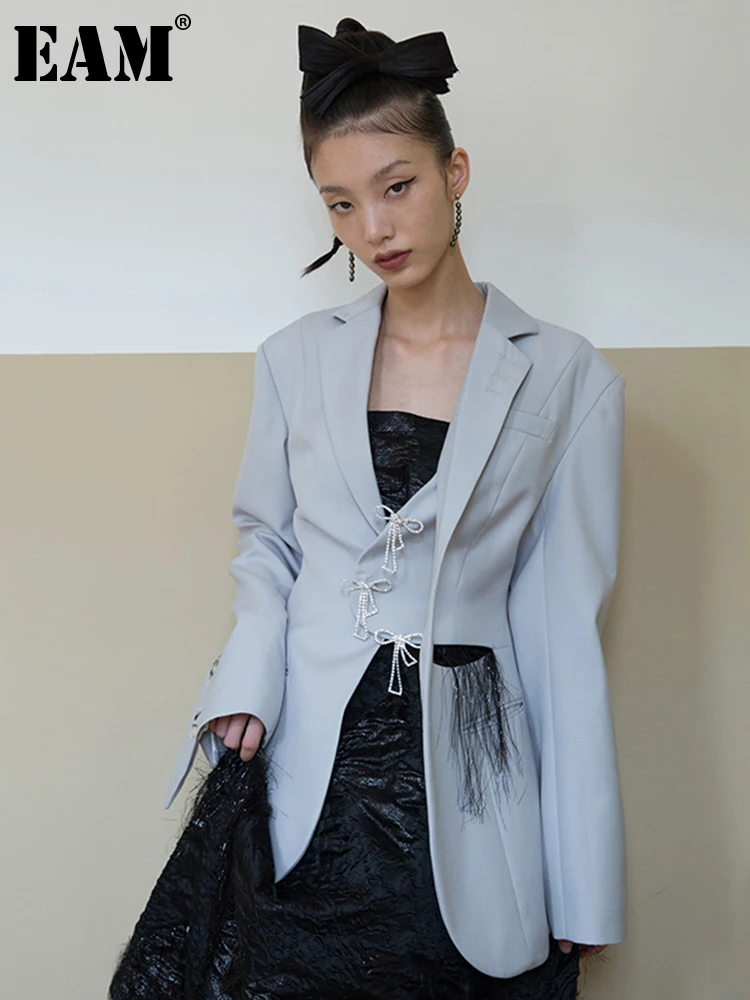 

[EAM] Women Rhinestones Hollow Out Blazer New Lapel Long Sleeve Loose Fit Jacket Fashion Tide Spring Autumn 2023 1DA933