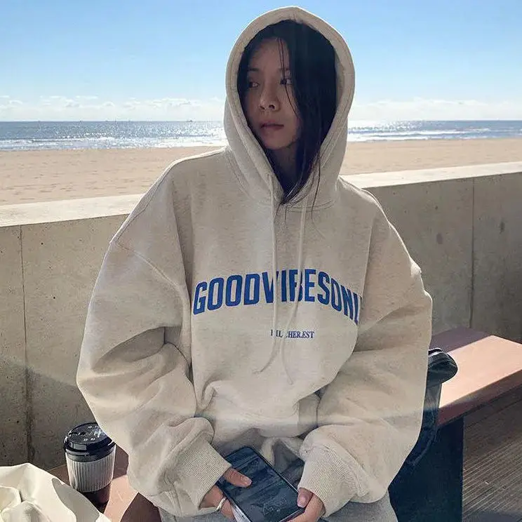 2023 New Casual Fashion Hip-hop Oversized Loose Top Autumn Women's Retro Gray Street Hoodie Letter Print Long Sleeve Sweatshirt