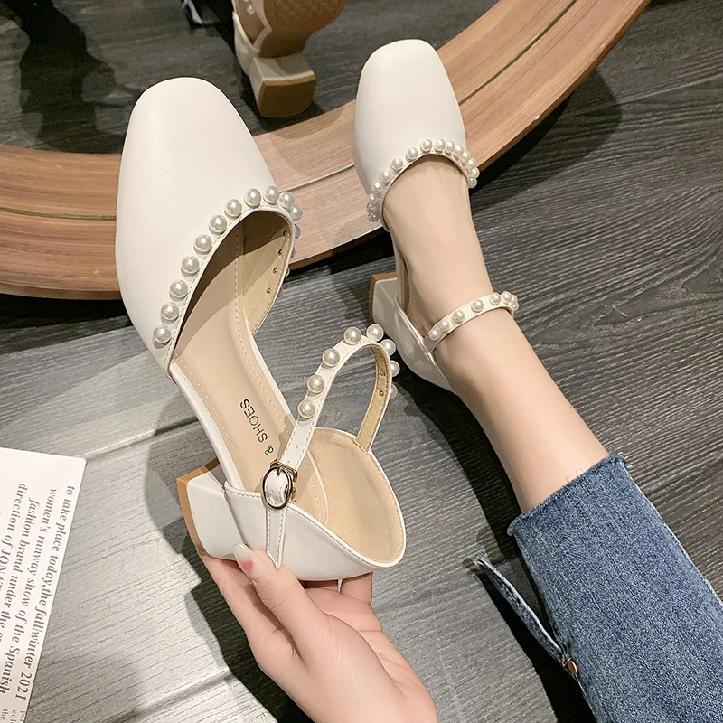 

Fashion Women's Sandals Pearls Square Head Solid Color Female Pumps 2022 Summer Elegant Mid Heel Chunky Dress Ladies Shoes