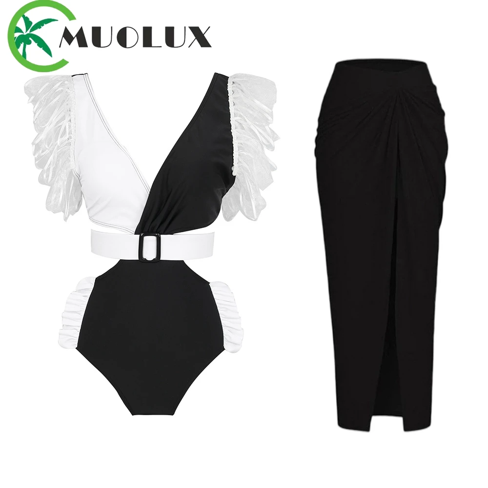 

MUOLUX 2023 Sexy Deep V Bikini Women Ruffle 3D Flower One Piece Swimwear Bikini Swimsuit Summer Beach Skirt BathSuit Dress New