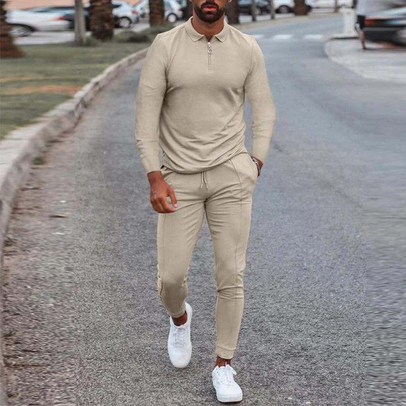

Fashion Solid Mens Clothes 2021 Spring and Autumn 2 Piece Set Men Turn-Down Collar Zipper Tops Drawstring Pants Outfit Suits