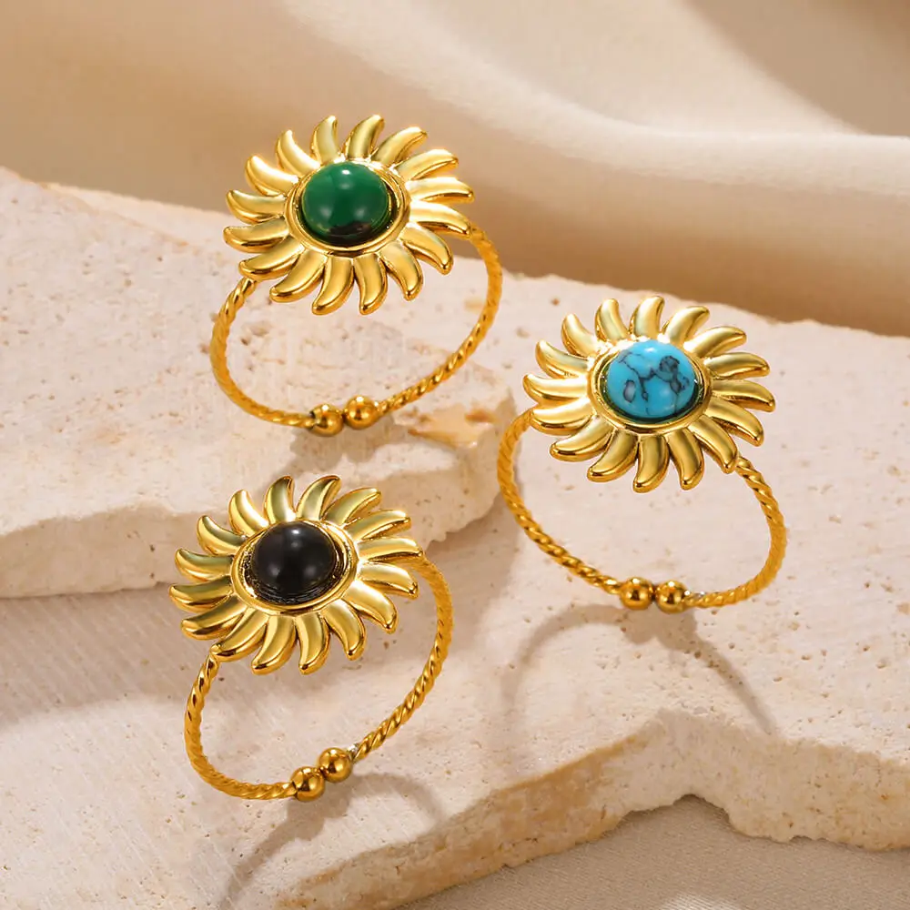 

Gold Color Stainless Steel Rings For Women Adjustable Circlet Flowers Sun Stone Finger Ring Jewelry Accessories Anillos Gift