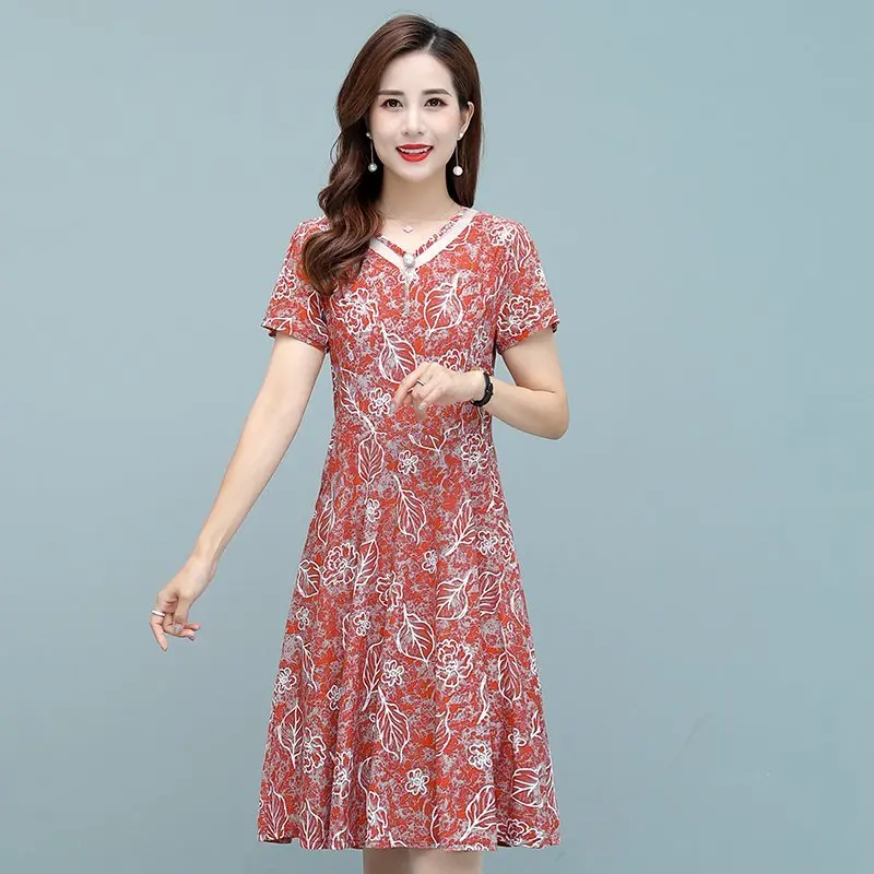 

NEW Vintage Printed Summer Dress Women Casual Short Sleeves A Line Sashes Elegant Dresses Female Vestidos