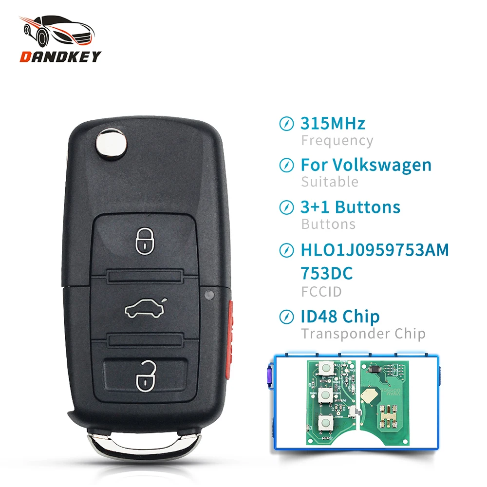 Передатчик Автомобильный Dandkey для Volkswagen Beetle CC Golf Jetta Passat GTI 315 МГц ID48 1J0959753AM/DC -